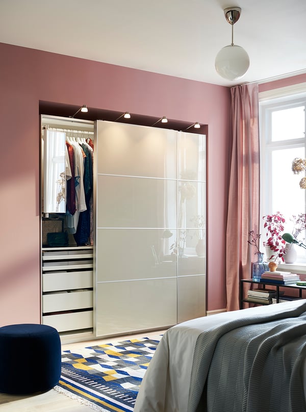 HOKKSUND 4 panels for sliding door frame, high-gloss light beige, 100x201 cm