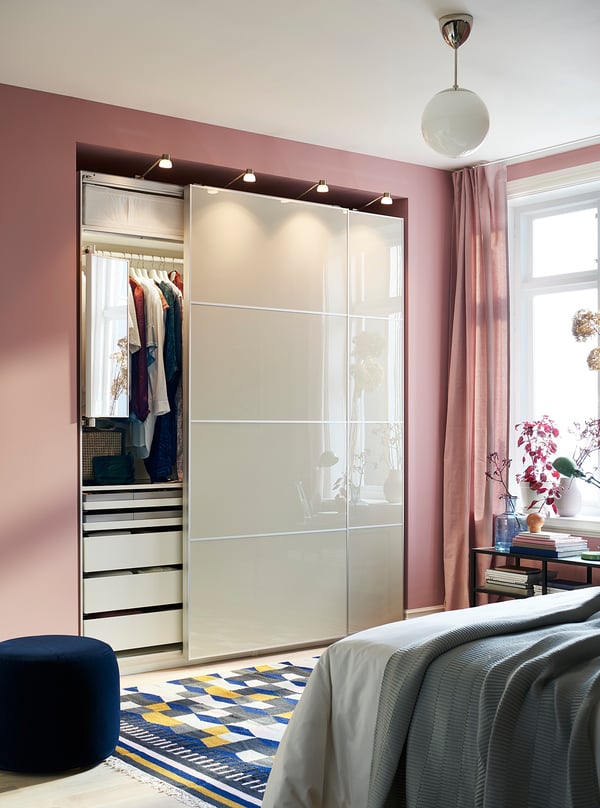 HOKKSUND - Pair of sliding doors, polished light beige, 200x236 cm