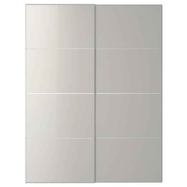 HOKKSUND - HOKKSUND Pair of sliding doors, high-gloss light grey, 150x201 cm