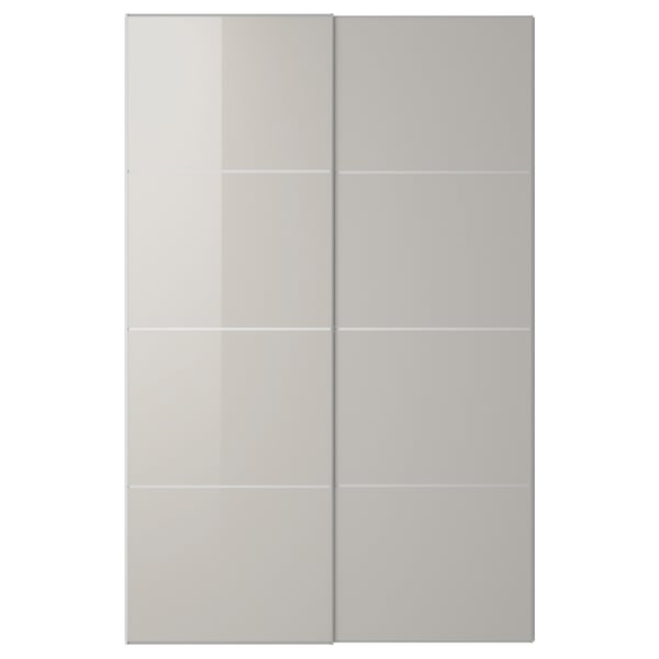 HOKKSUND - HOKKSUND Pair of sliding doors, high-gloss light grey, 150x236 cm