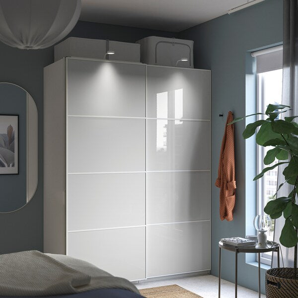 HOKKSUND - Pair of sliding doors, high-gloss light grey, 150x201 cm