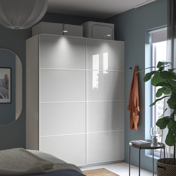 HOKKSUND - HOKKSUND Pair of sliding doors, high-gloss light grey, 150x201 cm