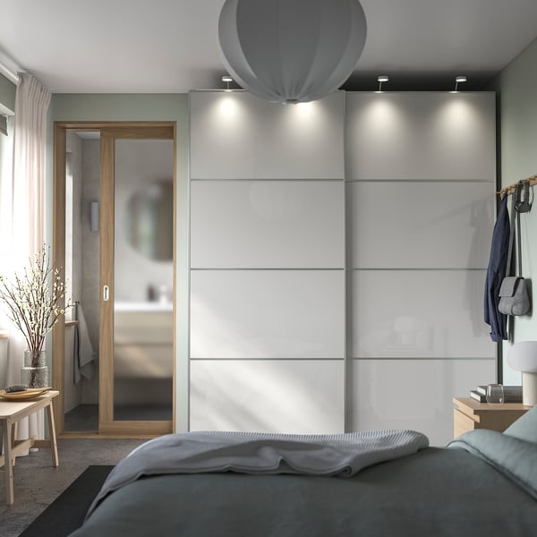 HOKKSUND - HOKKSUND Pair of sliding doors, high-gloss light grey, 200x236 cm