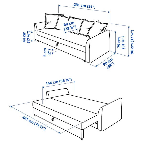 HOLMSUND - 3-seater sofa bed, Kilanda dove-grey