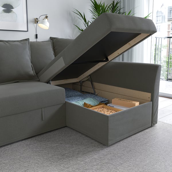 HOLMSUND - Corner sofa bed, Borgunda dark grey