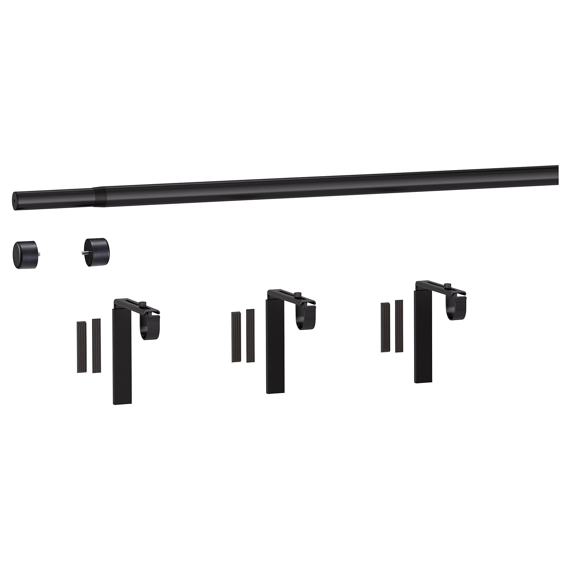 HUGAD curtain rod combination, with wall/ceiling brackets/with finials black, 120-210 cm