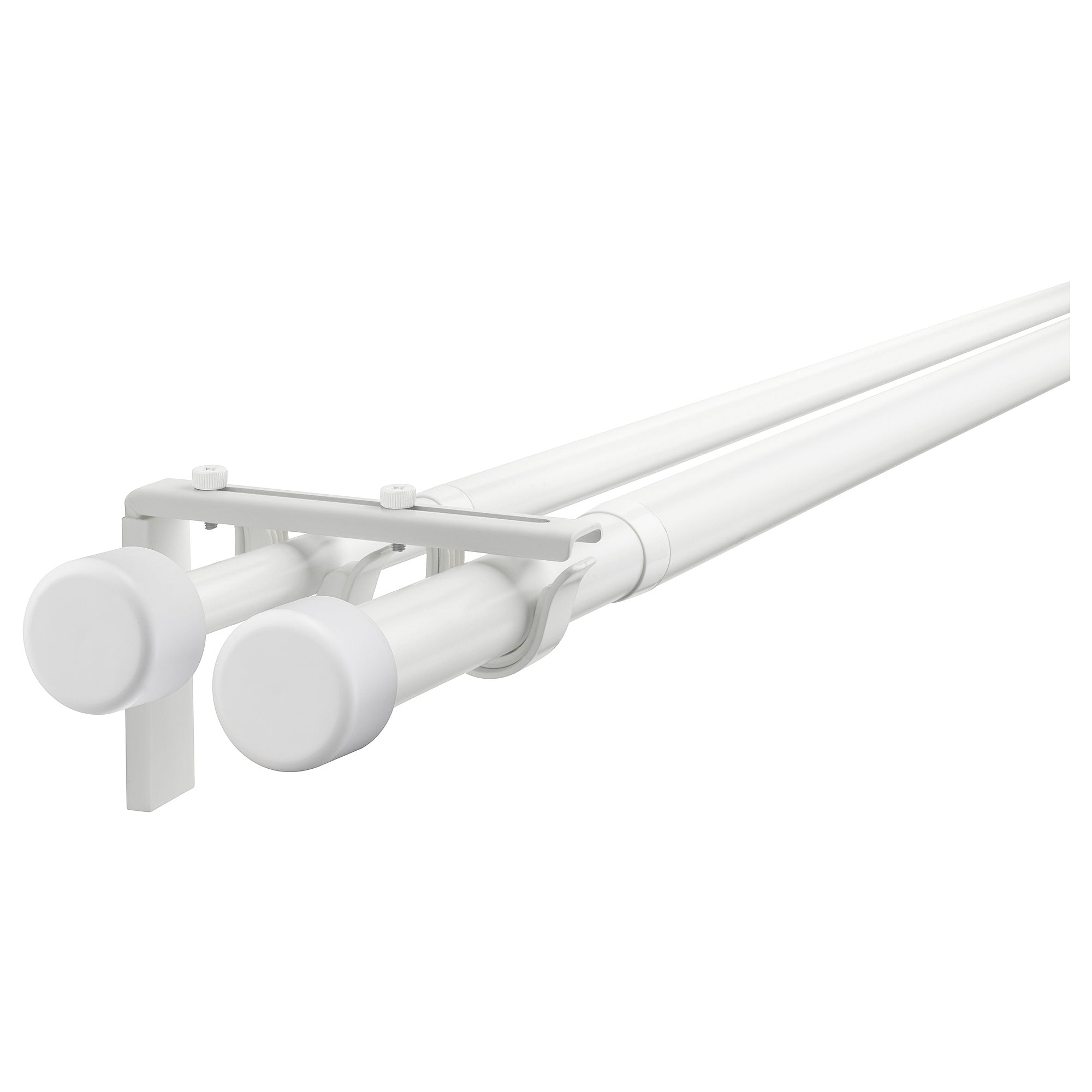 HUGAD / RÄCKA double curtain rod combination, with wall/ceiling brackets/with finials white, 210-385 cm