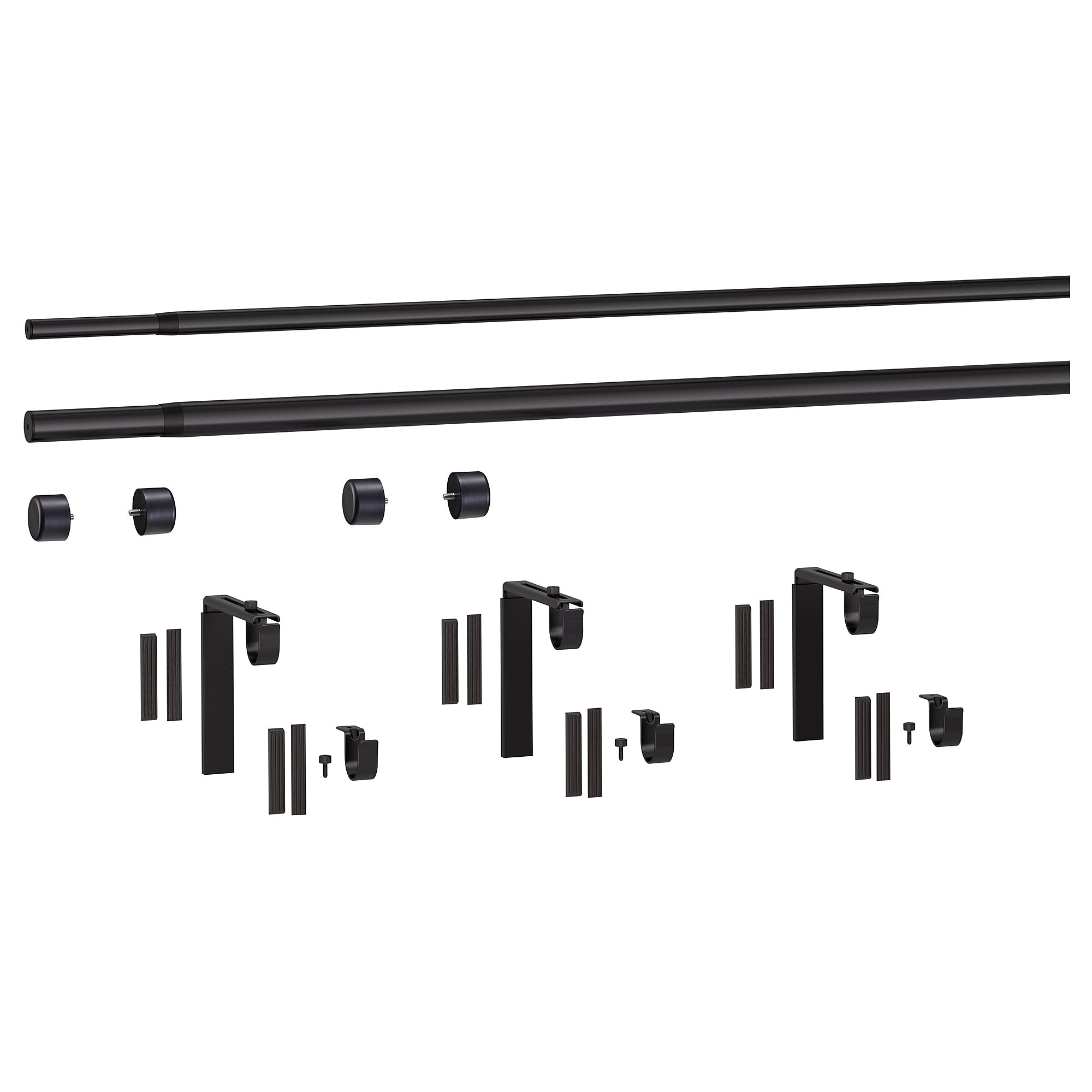 HUGAD / RÄCKA double curtain rod combination, with wall/ceiling brackets/with finials black, 120-210 cm