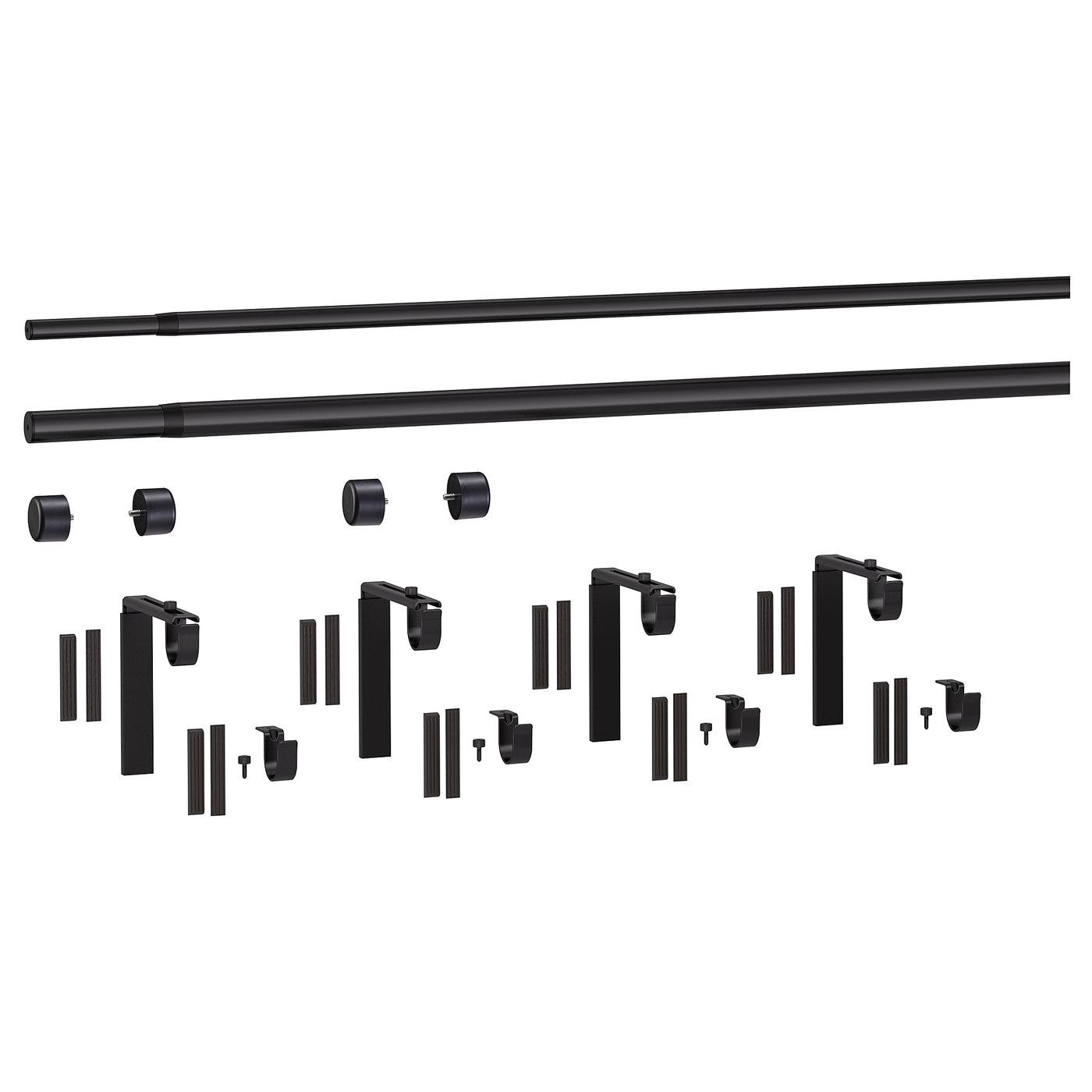 HUGAD / RÄCKA double curtain rod combination, with wall/ceiling brackets/with finials black, 210-385 cm