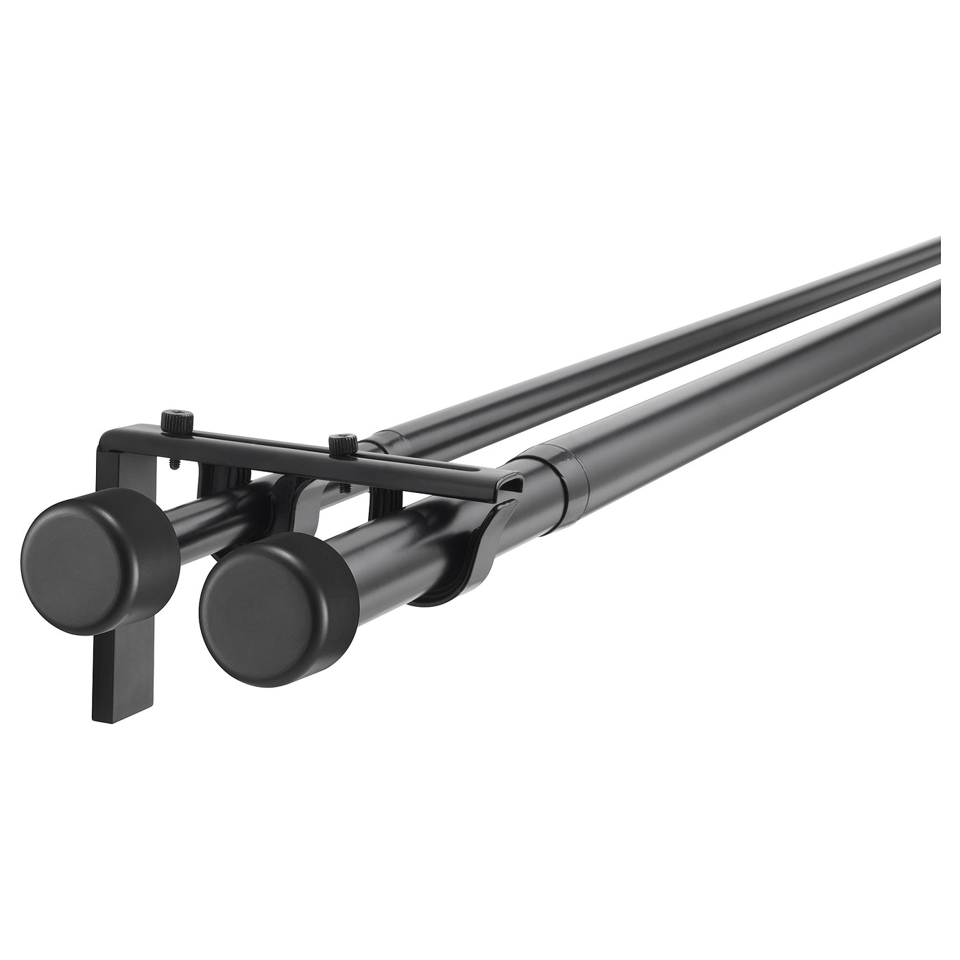 HUGAD / RÄCKA double curtain rod combination, with wall/ceiling brackets/with finials black, 120-210 cm