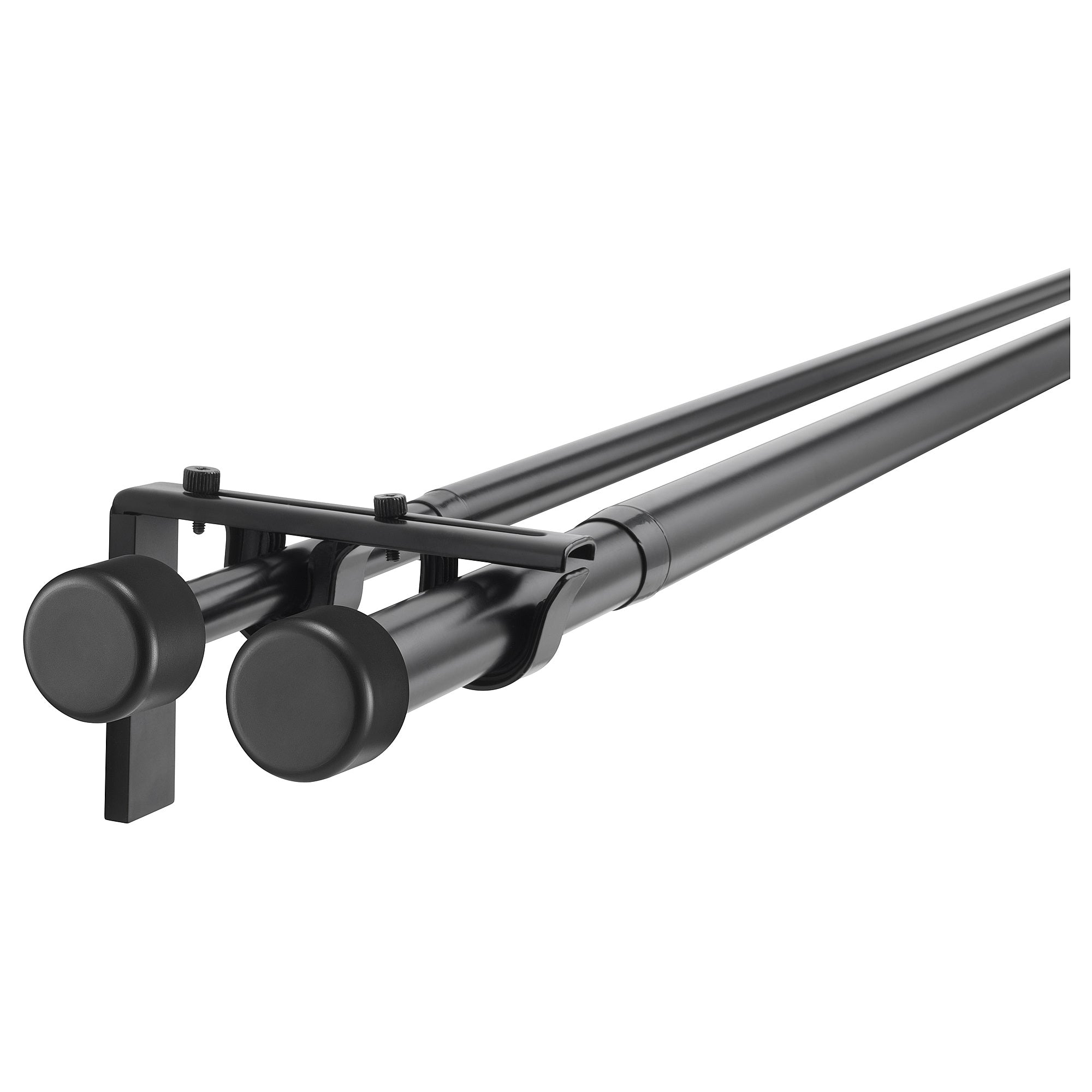 HUGAD / RÄCKA double curtain rod combination, with wall/ceiling brackets/with finials black, 120-210 cm