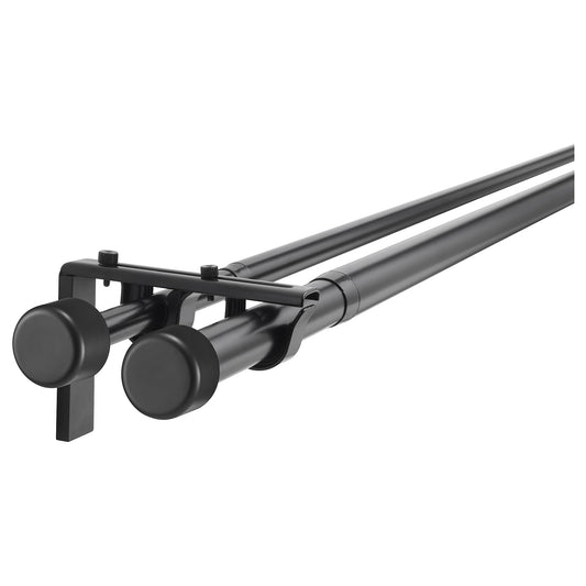 HUGAD / RÄCKA double curtain rod combination, with wall/ceiling brackets/with finials black, 120-210 cm