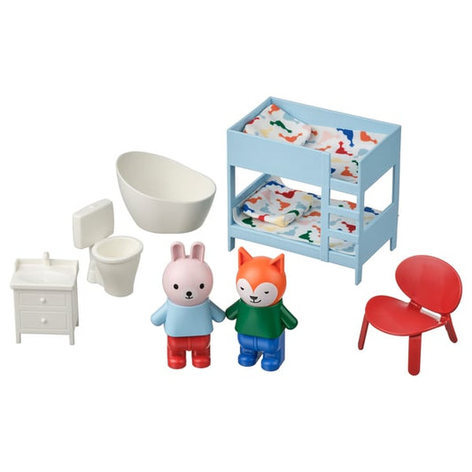 HUSET furniture/characters for doll house, multicolor bedroom/bathroom