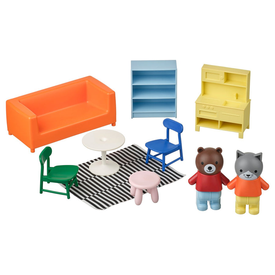 HUSET dollhouse furniture and figures, living room/kitchen multicolour