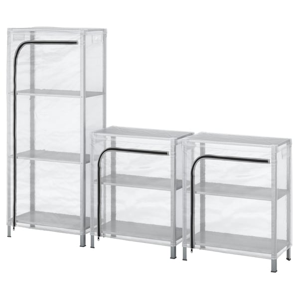 HYLLIS shelving units with covers, transparent, 180x27x74-140 cm