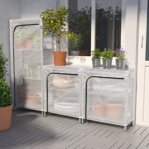 HYLLIS shelving units with covers, transparent, 180x27x74-140 cm