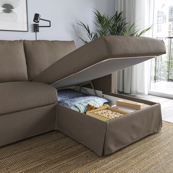 HYLTARP - 3-seater sofa/chaise-longue, right, Gransel dove-grey ,