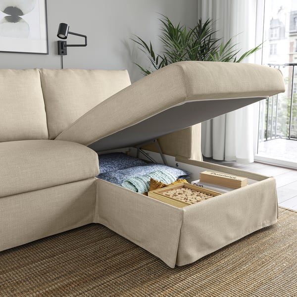 HYLTARP - 3-seater sofa/chaise-longue, right, Hemmesta light beige ,