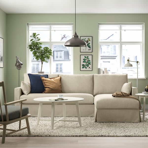 HYLTARP 3-seat sofa w chaise longue, right, Hemmesta light beige, 262 cm