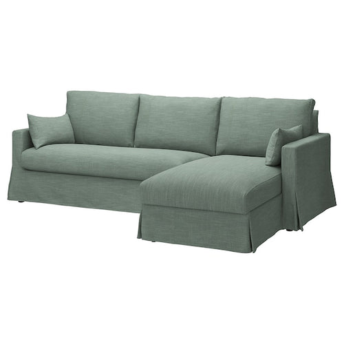 HYLTARP - 3-seater sofa/chaise-longue, right, Hemmesta gray-green