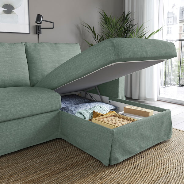 HYLTARP - 3-seater sofa/chaise-longue, right, Hemmesta gray-green