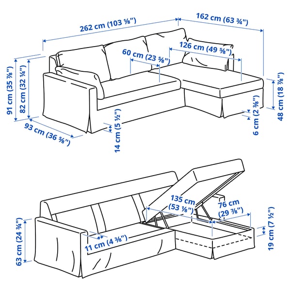 HYLTARP 3-seat sofa w chaise longue, right, Tallmyra blue, 262 cm