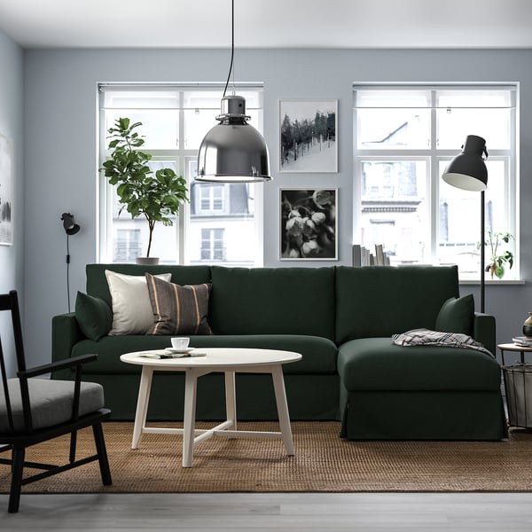 HYLTARP 3-seat sofa w chaise longue, right, Tallmyra dark green, 262 cm