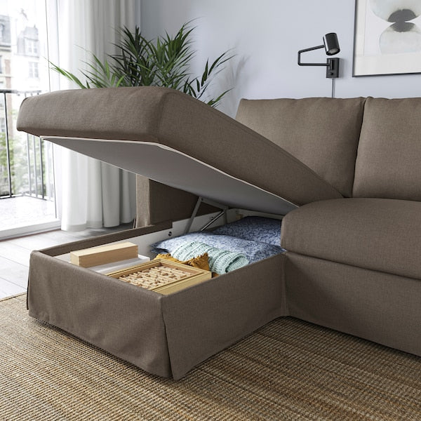 HYLTARP - 3-seater sofa/chaise-longue, left, Gransel dove-grey ,