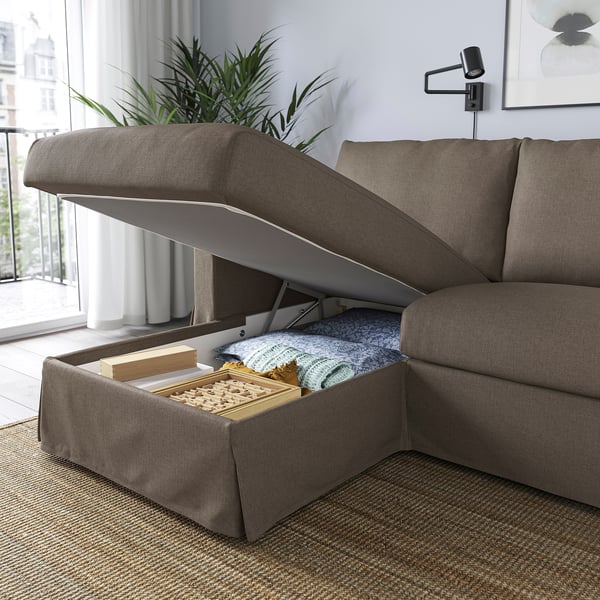 HYLTARP - 3-seater sofa/chaise-longue, left, Gransel dove-grey ,