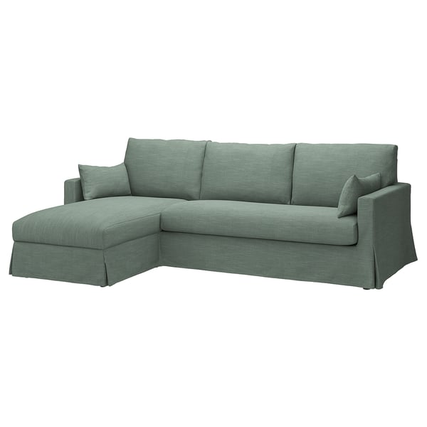 HYLTARP 3-seat sofa w chaise longue, left, Hemmesta grey-green, 262 cm