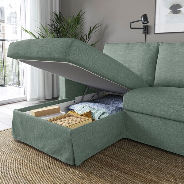 HYLTARP - 3-seater sofa/chaise-longue, left, Hemmesta gray-green