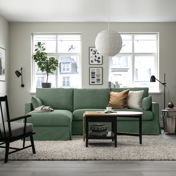 HYLTARP - 3-seater sofa/chaise-longue, left, Hemmesta gray-green