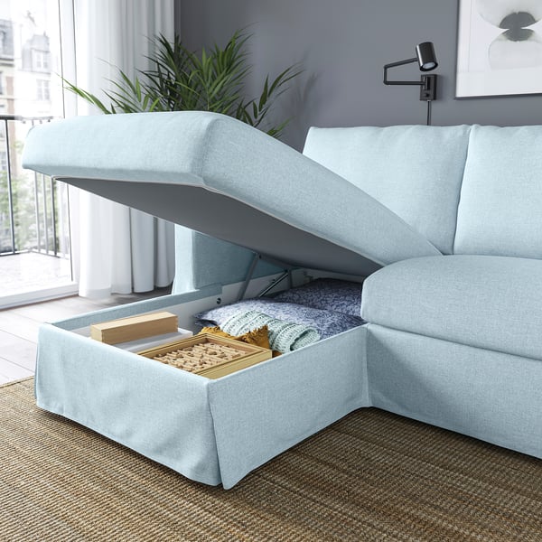 HYLTARP 3-seat sofa w chaise longue, left, Kilanda pale blue, 262 cm
