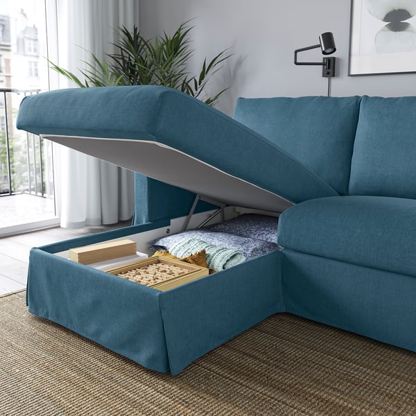 HYLTARP 3-seat sofa w chaise longue, left, Tallmyra blue, 262 cm