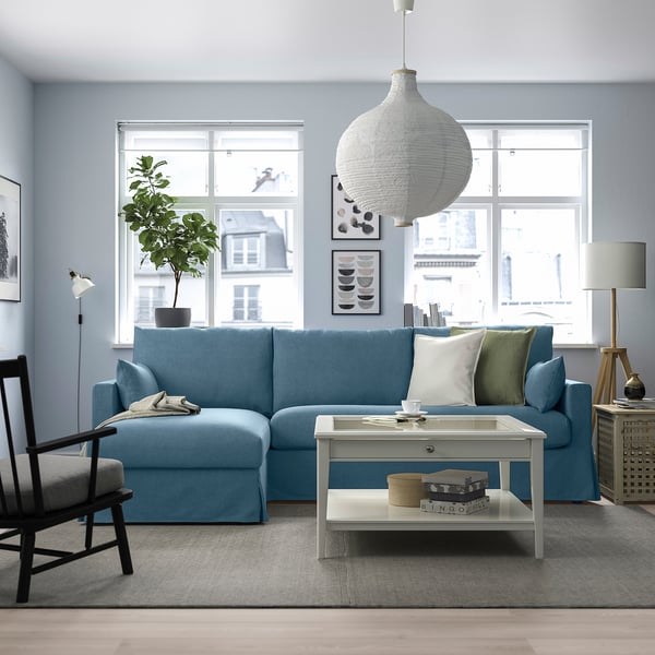 HYLTARP 3-seat sofa w chaise longue, left, Tallmyra blue, 262 cm