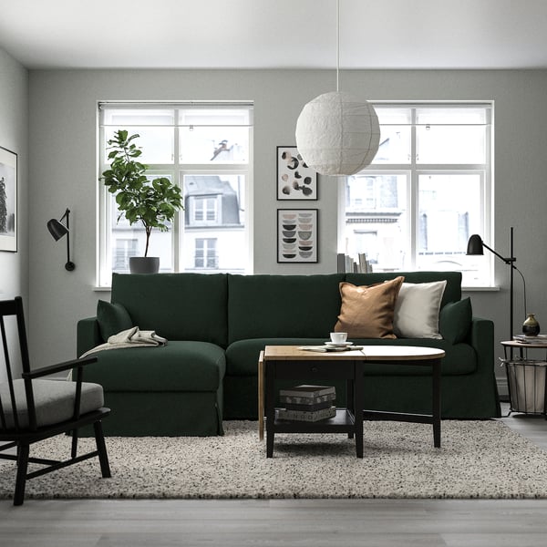 HYLTARP 3-seat sofa w chaise longue, left, Tallmyra dark green, 262 cm