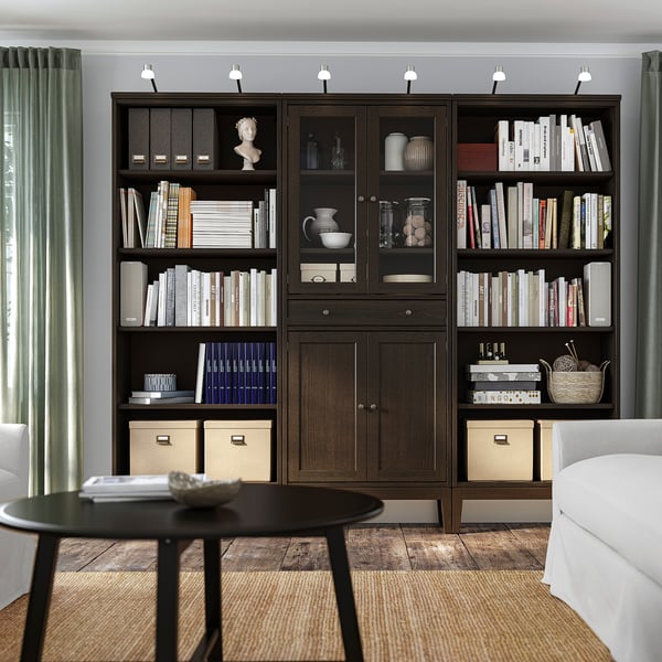 IDANÄS storage combination w glass doors, dark brown/stained, 244x39x211 cm