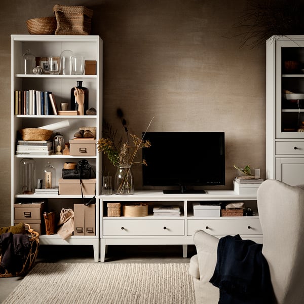 IDANÄS TV storage combination, glass/white, 325x40x211 cm