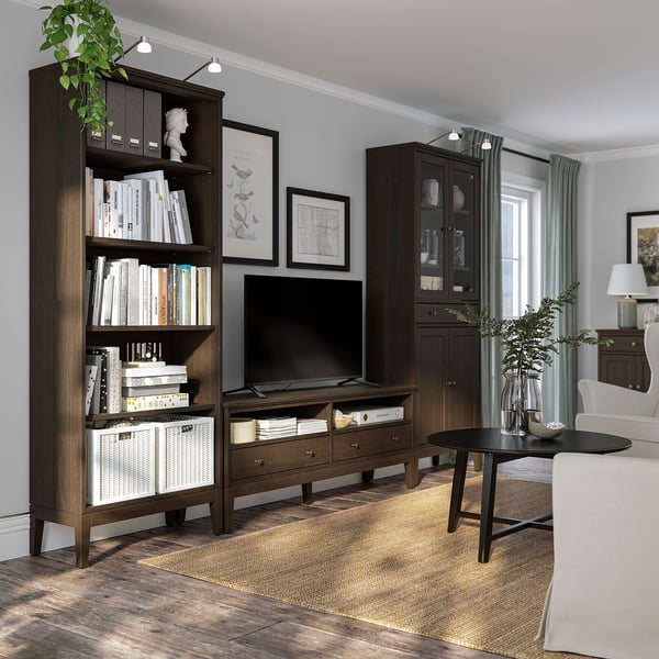 IDANÄS - IDANÄS TV storage combination, glass/dark brown stained, 325x40x211 cm
