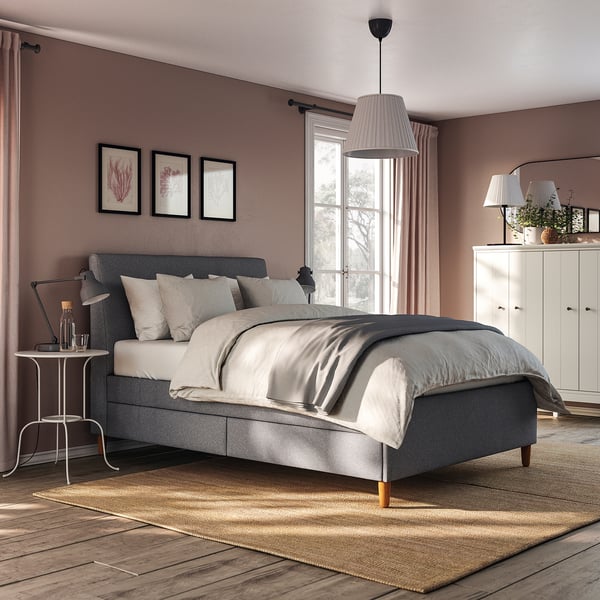 IDANÄS upholstered storage bed, Gunnared dark grey, 140x200 cm