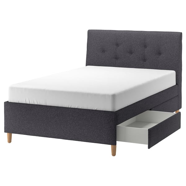 IDANÄS upholstered storage bed, Gunnared dark grey, 140x200 cm