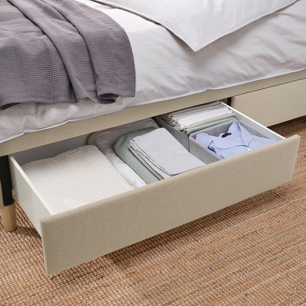 IDANÄS upholstered storage bed, Naggen beige, 180x200 cm