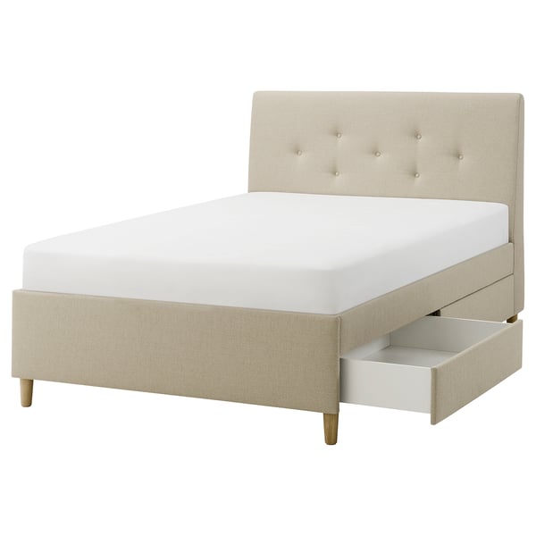 IDANÄS upholstered storage bed, Naggen beige, 140x200 cm