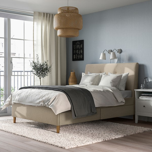 IDANÄS - Upholstered bed with drawers, Naggen beige,140x200 cm