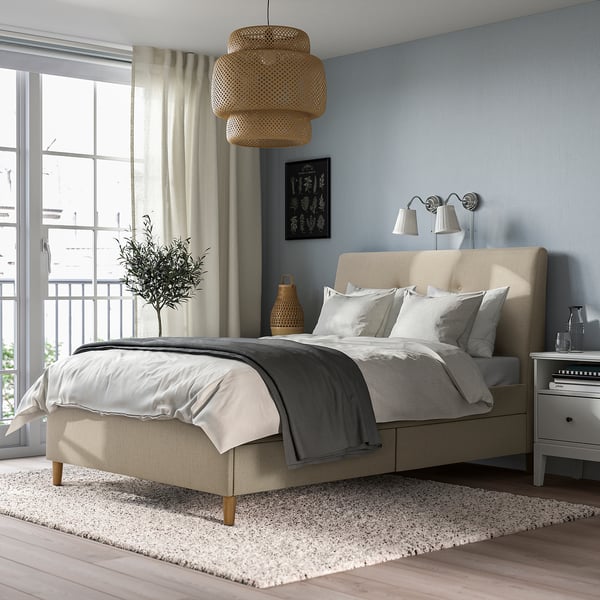 IDANÄS upholstered storage bed, Naggen beige, 140x200 cm