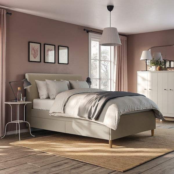 IDANÄS - Upholstered bed with drawers, Naggen beige,140x200 cm