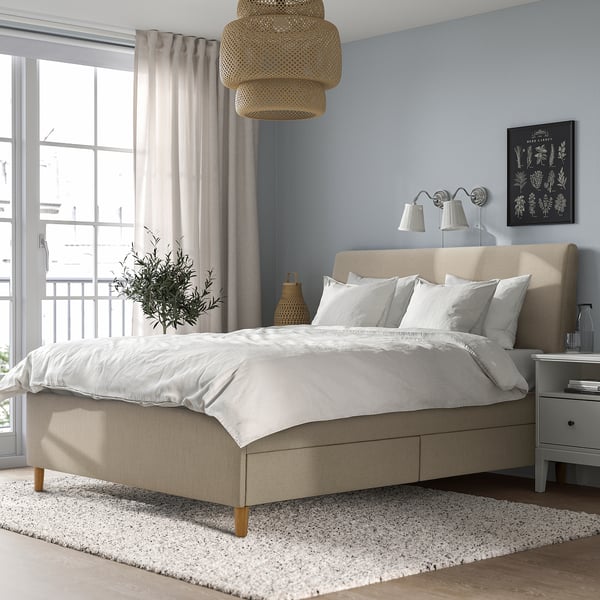 IDANÄS upholstered storage bed, Naggen beige, 160x200 cm