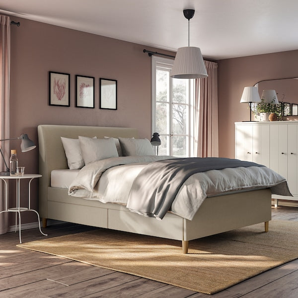 IDANÄS - Upholstered bed with drawers, Naggen beige,160x200 cm