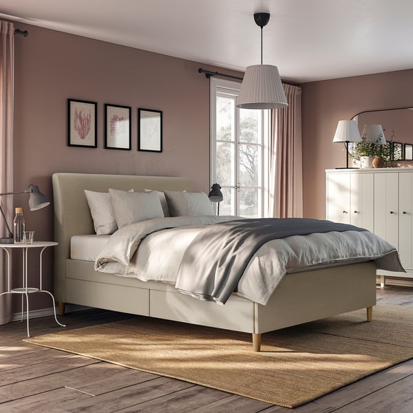IDANÄS upholstered storage bed, Naggen beige, 160x200 cm