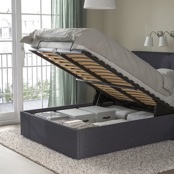 IDANÄS upholstered ottoman bed, Gunnared dark grey, 140x200 cm